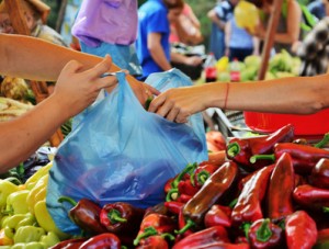 Hands filling a plastic bag with fresh vegetables at the market.